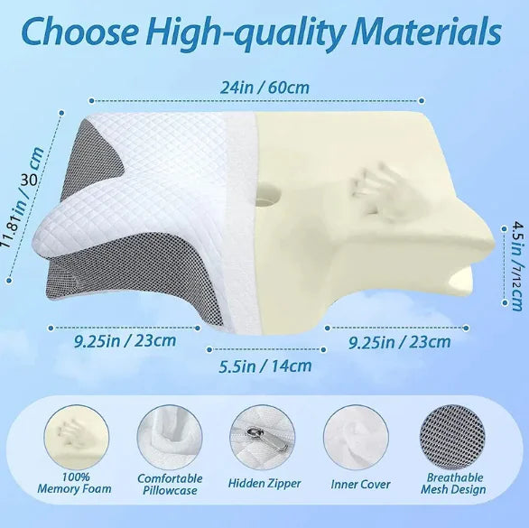 Close-up of breathable, contoured cervical pillow with washable cover for back and side sleepers