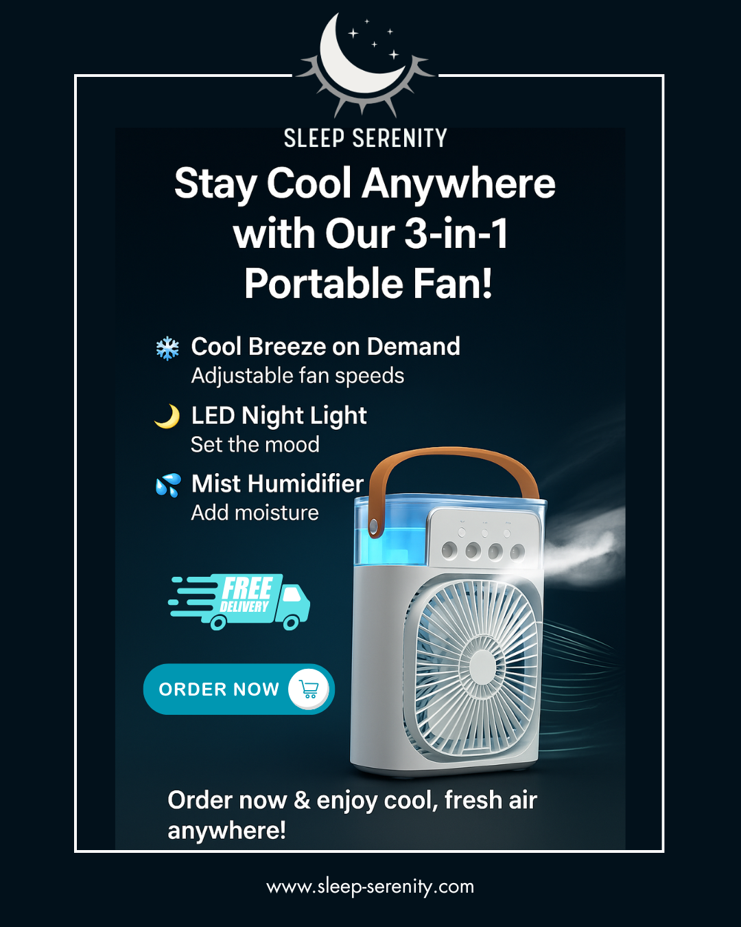 Desktop cooling fan with water mist and gentle night lighting