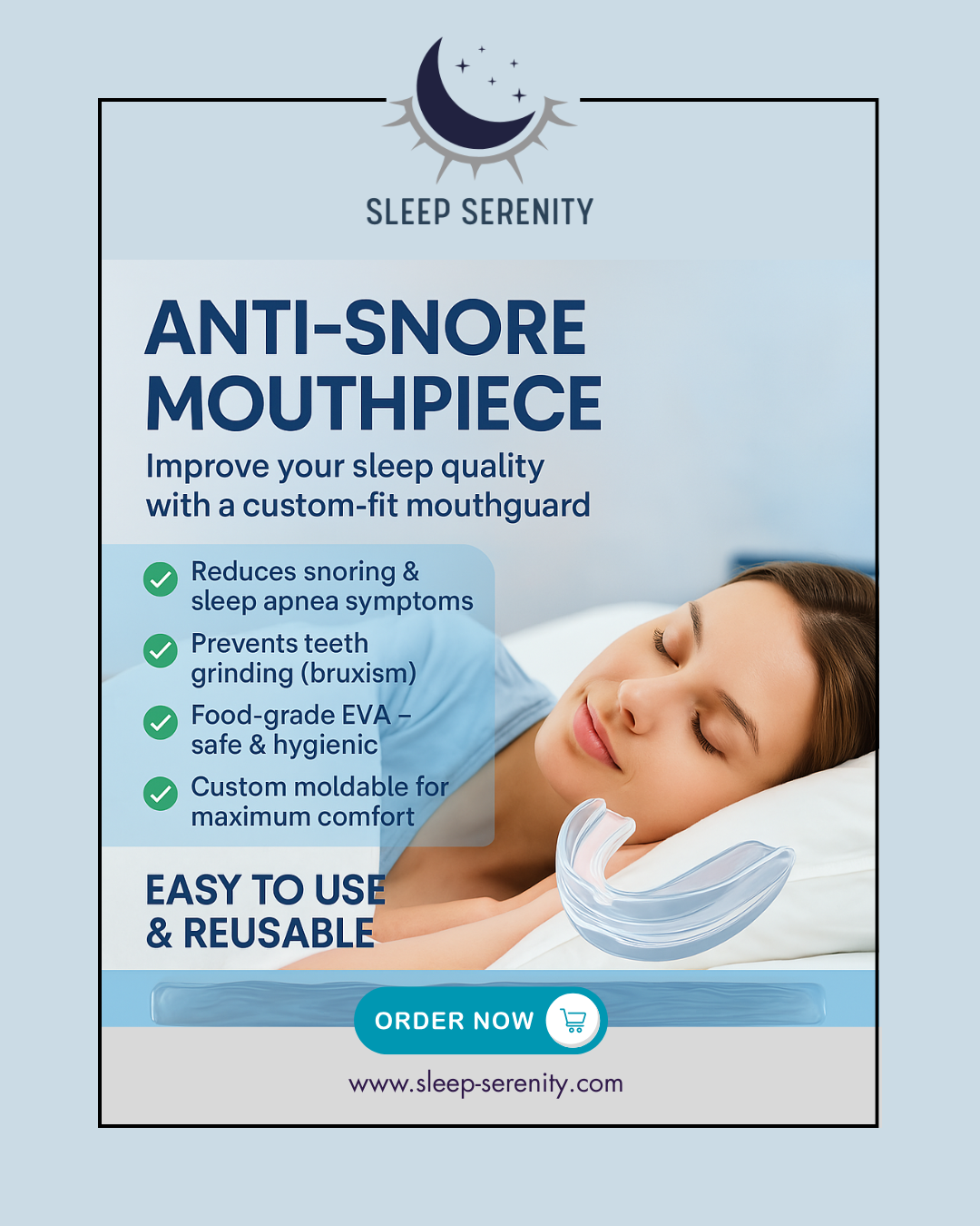 Reusable anti-snore device made from hygienic material for night-time comfort