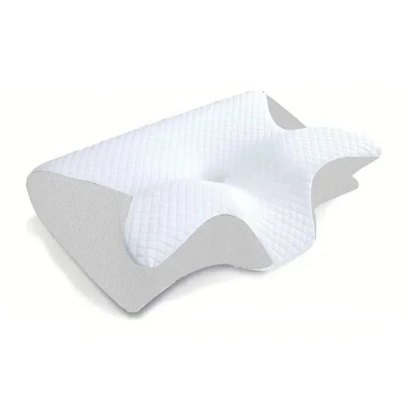 Front view of ergonomic anti-snore pillow cradling head and neck for improved airflow and spinal alignment