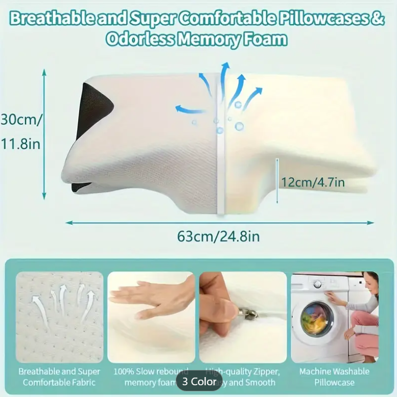 Close-up of breathable, contoured cervical pillow with washable cover for back and side sleepers