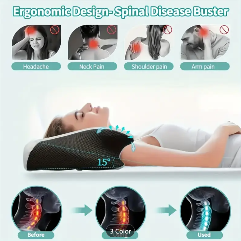 Side view of ergonomic anti-snore pillow cradling head and neck for improved airflow and spinal alignment