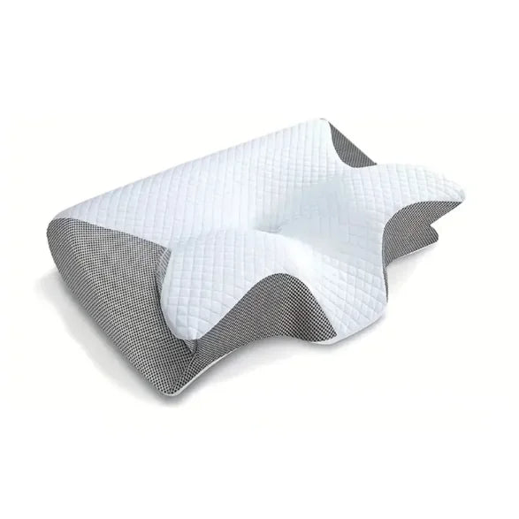 Close-up of breathable, contoured cervical pillow with washable cover for back and side sleepers
