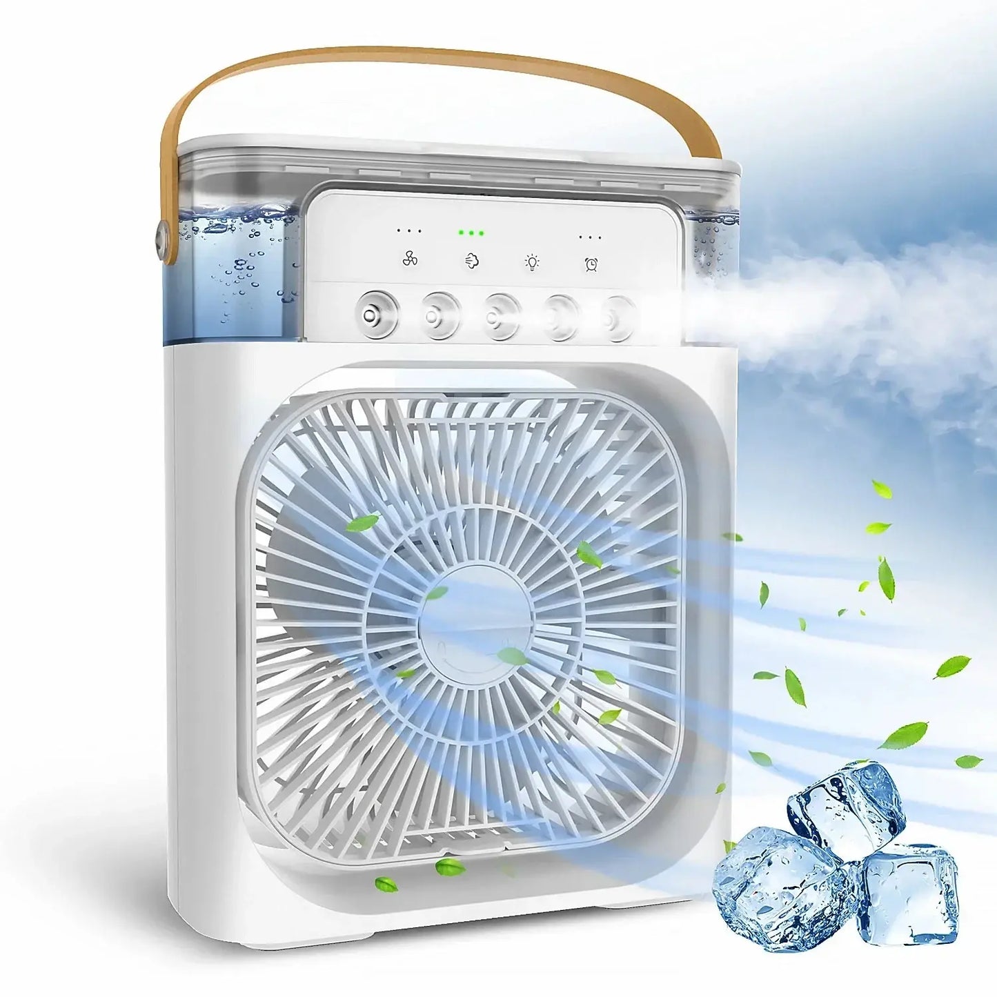 Portable LED fan with mist spray to reduce dryness and heat