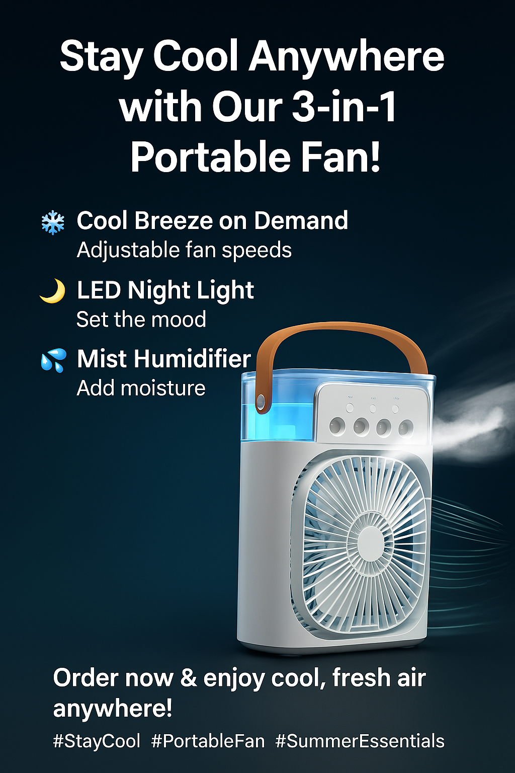 Desktop cooling fan with water mist and gentle night lighting