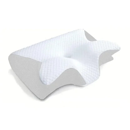 Close-up of breathable, contoured cervical pillow with washable cover for back and side sleepers