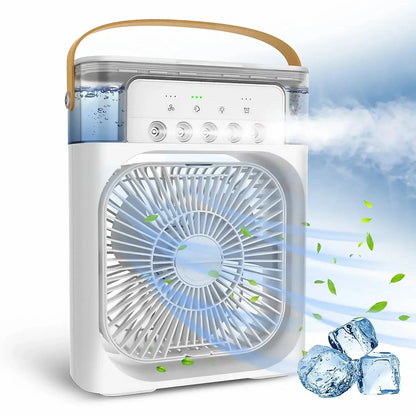 Portable LED fan with mist spray to reduce dryness and heat